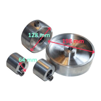 AL-8″-5″-19mm – Belt Grinder Wheel Set / Knife Grinder 7,8″/198mm Drive – 19mm shaft, 5,2″/129mm Tracking, 2,5″/64mm Idler