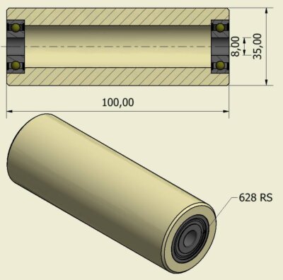 (35-100-8)  Nylon Roller – 35mm Diameter – 100mm Wide – 8mm Bearing / 50 kg Load Capacity (A set of 4 Rollers)