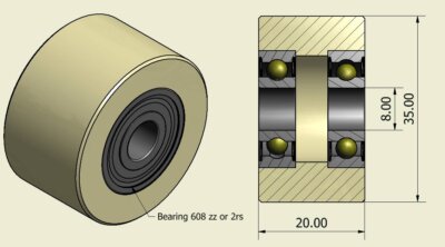 (35-20-8)  Nylon Roller – 35mm Diameter – 20mm Wide – 8mm Bearing / 35 kg Load Capacity (A set of 4 Rollers)