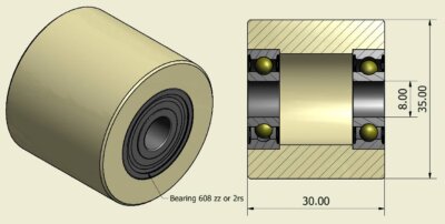 (35-30-8)  Nylon Roller – 35mm Diameter – 30mm Wide – 8mm Bearing / 40 kg Load Capacity (A set of 4 Rollers)