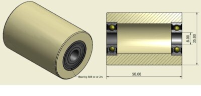 (35-50-8)  Nylon Roller – 35mm Diameter – 50mm Wide – 8mm Bearing / 40 kg Load Capacity (A set of 4 Rollers)